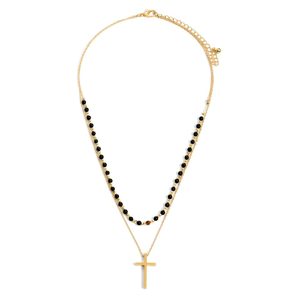 Black/Pink Mix/Gray Beaded Accents and Cross Pendant Mix Double-Stranded Necklace