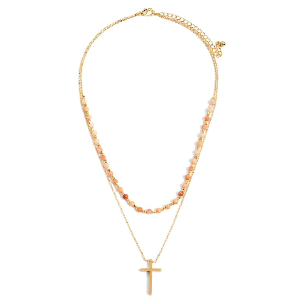 Black/Pink Mix/Gray Beaded Accents and Cross Pendant Mix Double-Stranded Necklace