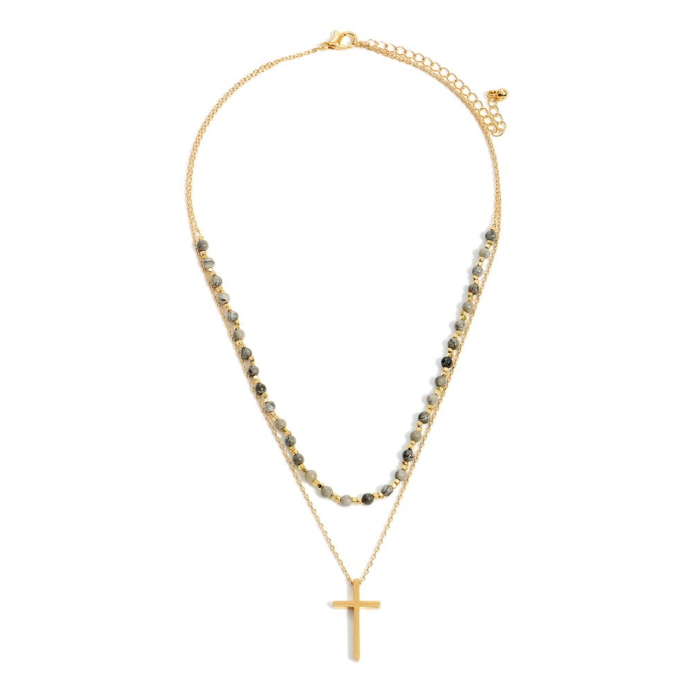Black/Pink Mix/Gray Beaded Accents and Cross Pendant Mix Double-Stranded Necklace