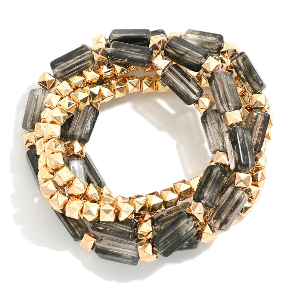 Black/Gray/Red Rectangle Glass Crystal & Metal Tone Pyramid Square Beaded Stretch Bracelet