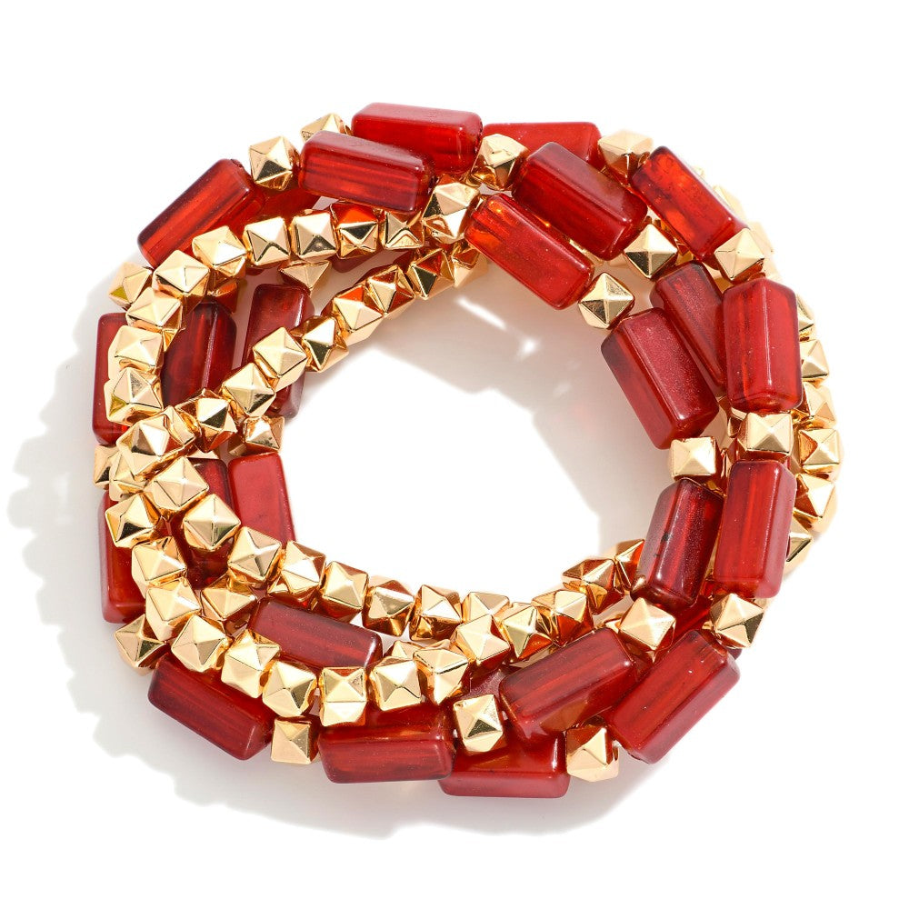 Black/Gray/Red Rectangle Glass Crystal & Metal Tone Pyramid Square Beaded Stretch Bracelet