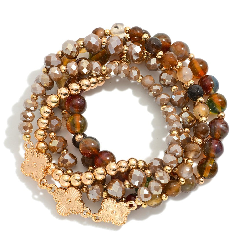 Brown/Blue/champagne/Green/Multi Marble Clover, Beaded Stretch Bracelet