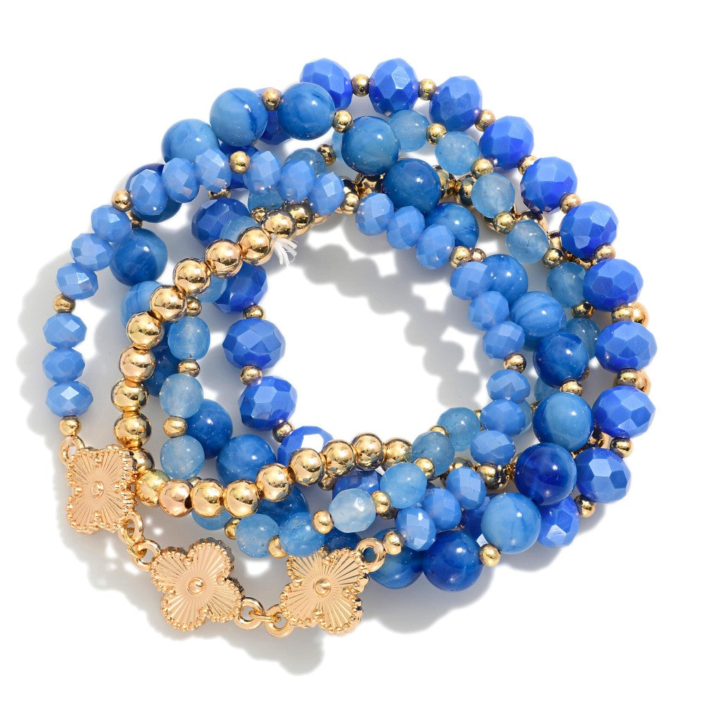 Brown/Blue/champagne/Green/Multi Marble Clover, Beaded Stretch Bracelet