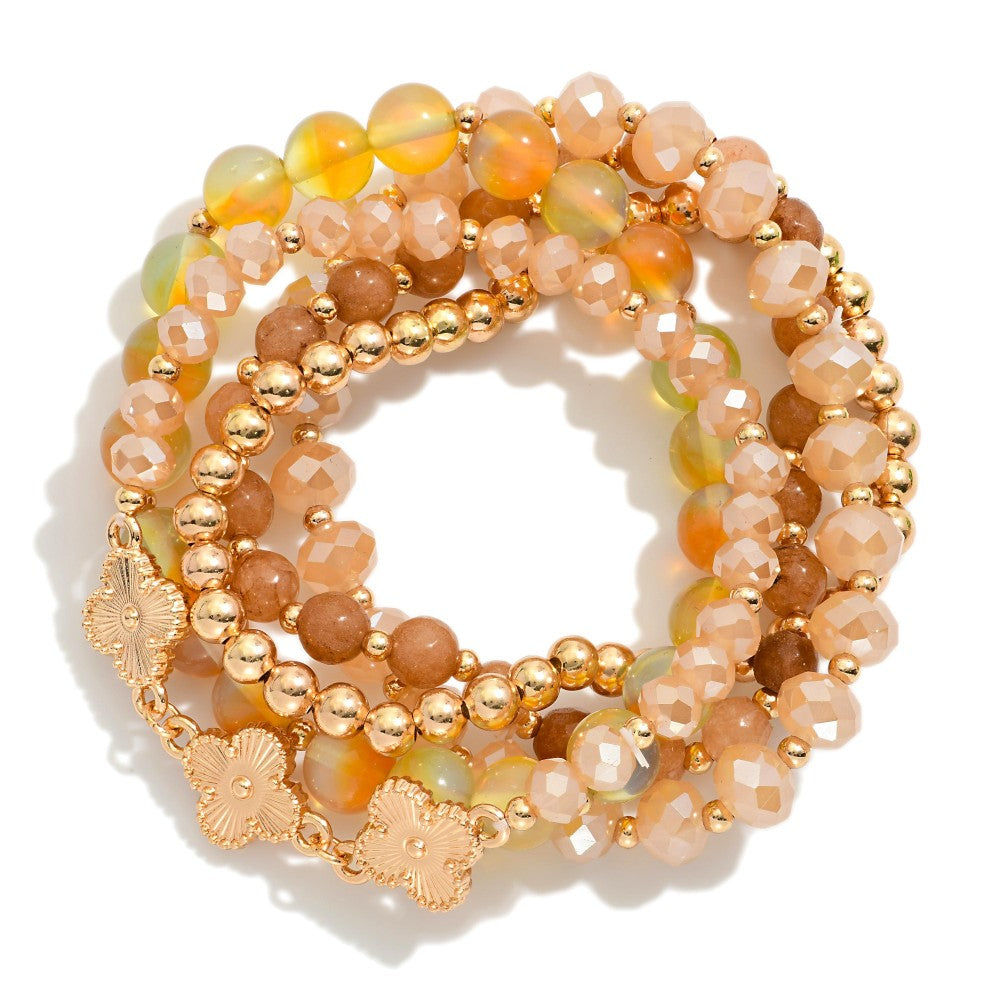 Brown/Blue/champagne/Green/Multi Marble Clover, Beaded Stretch Bracelet