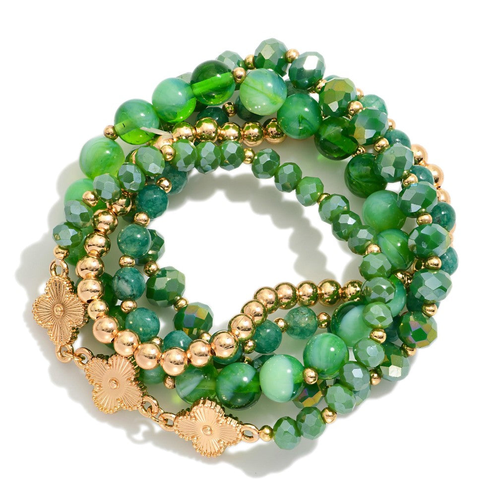 Brown/Blue/champagne/Green/Multi Marble Clover, Beaded Stretch Bracelet