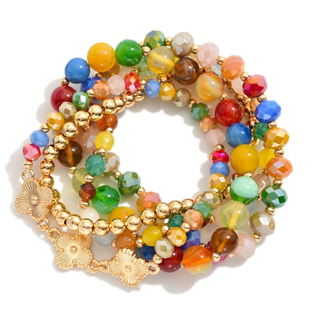 Brown/Blue/champagne/Green/Multi Marble Clover, Beaded Stretch Bracelet