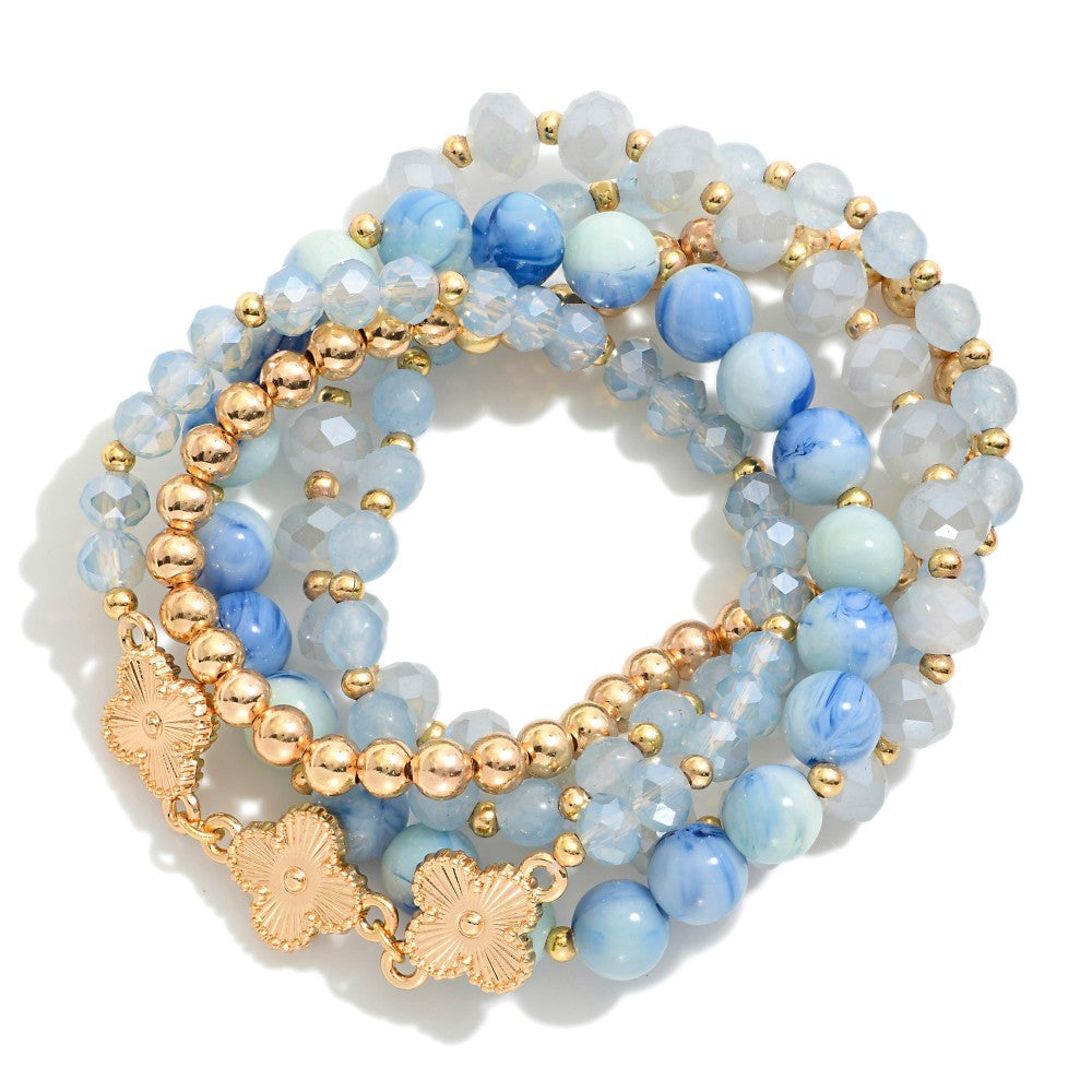 Gray/Light Blue/Natural/ Red/ Taupe Marble Beads, Metal Tones, & Clovers Beaded Stretch Bracelets