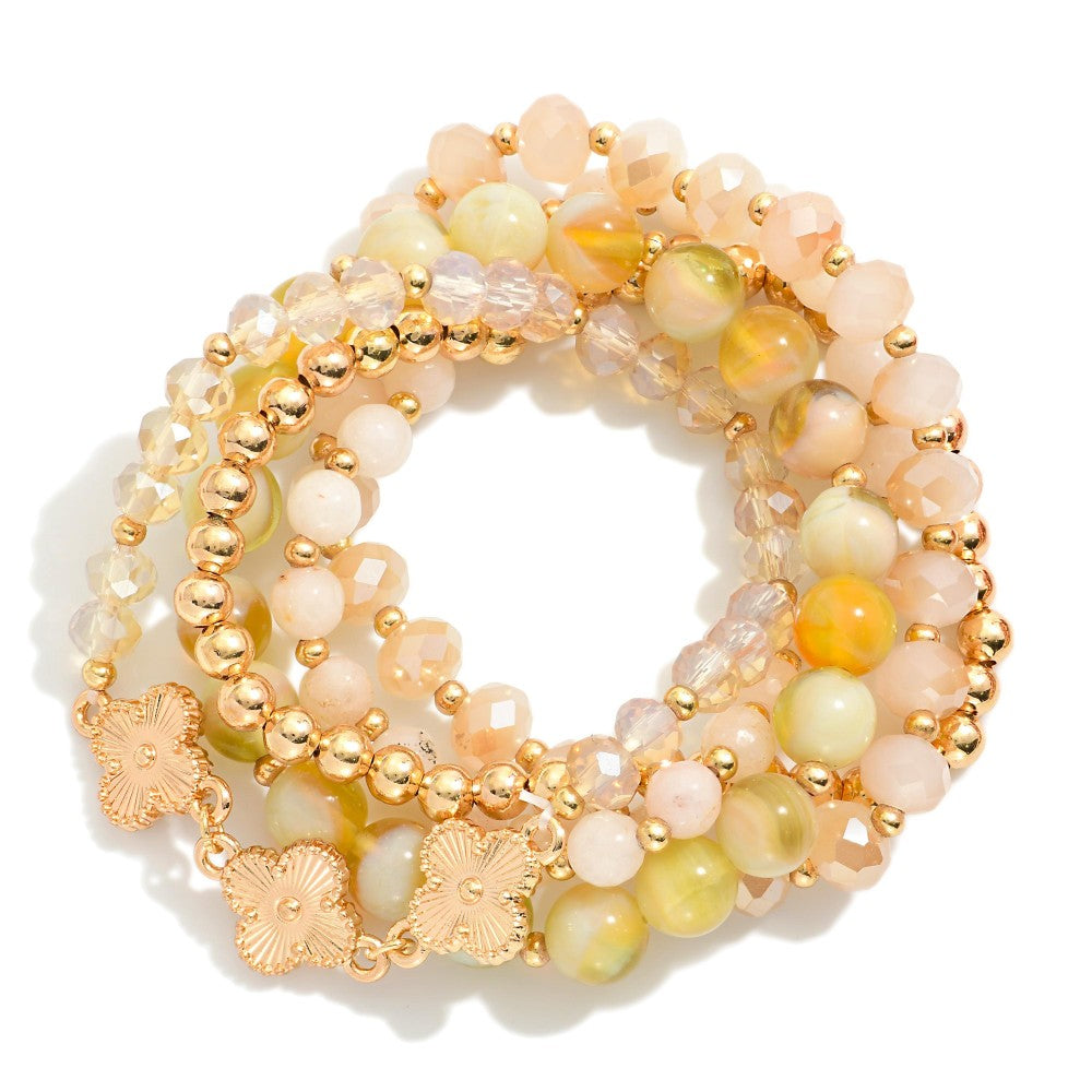 Gray/Light Blue/Natural/ Red/ Taupe Marble Beads, Metal Tones, & Clovers Beaded Stretch Bracelets