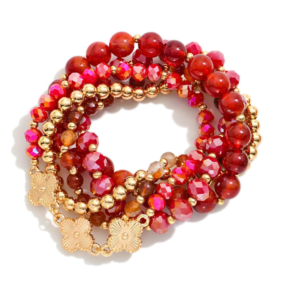 Gray/Light Blue/Natural/ Red/ Taupe Marble Beads, Metal Tones, & Clovers Beaded Stretch Bracelets