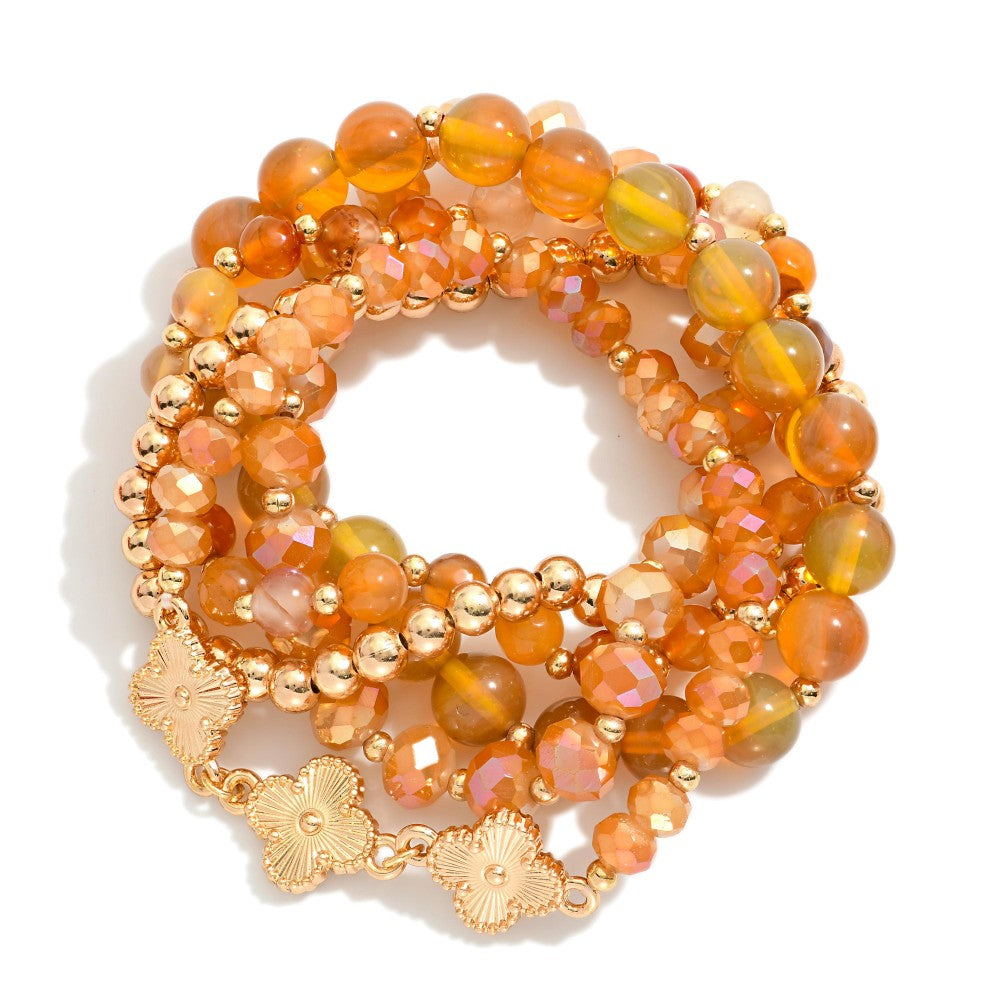 Gray/Light Blue/Natural/ Red/ Taupe Marble Beads, Metal Tones, & Clovers Beaded Stretch Bracelets