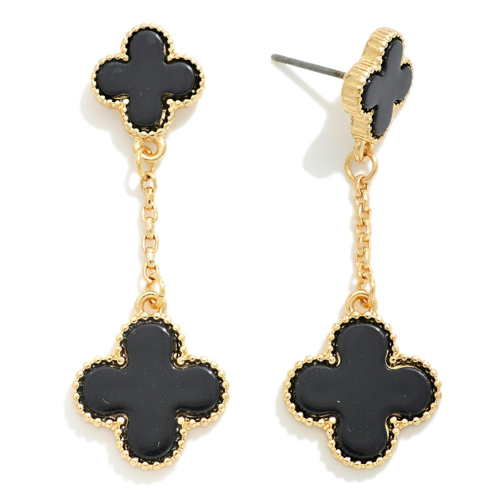 Black Chain Linked Clovers Post Drop Earrings