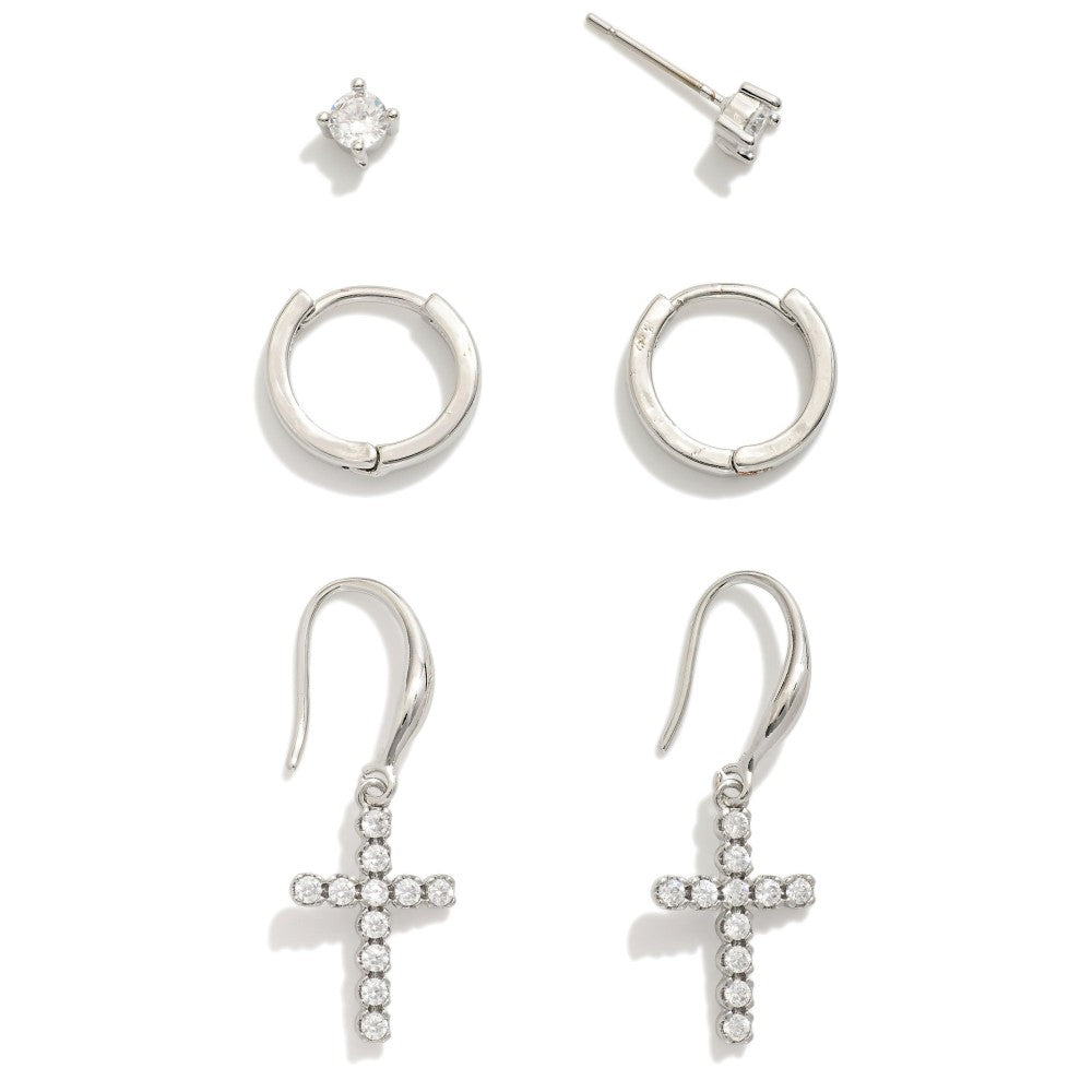 Rhinestone Studs, Hoops, & Rhinestone Cross Drop Earrings Set
