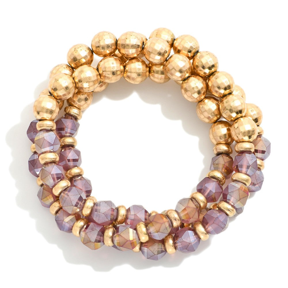 Purple Matte Faceted Beads & Gold Tone Disco Ball Beaded Bracelet