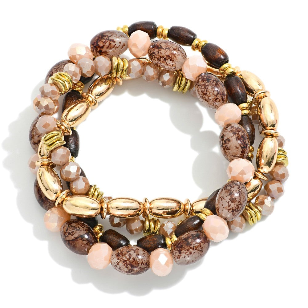 Brown/White & Gold Tones, Stones, & Faceted Beaded Bracelet