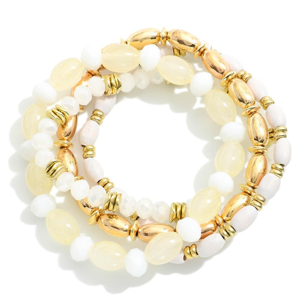 Brown/White & Gold Tones, Stones, & Faceted Beaded Bracelet