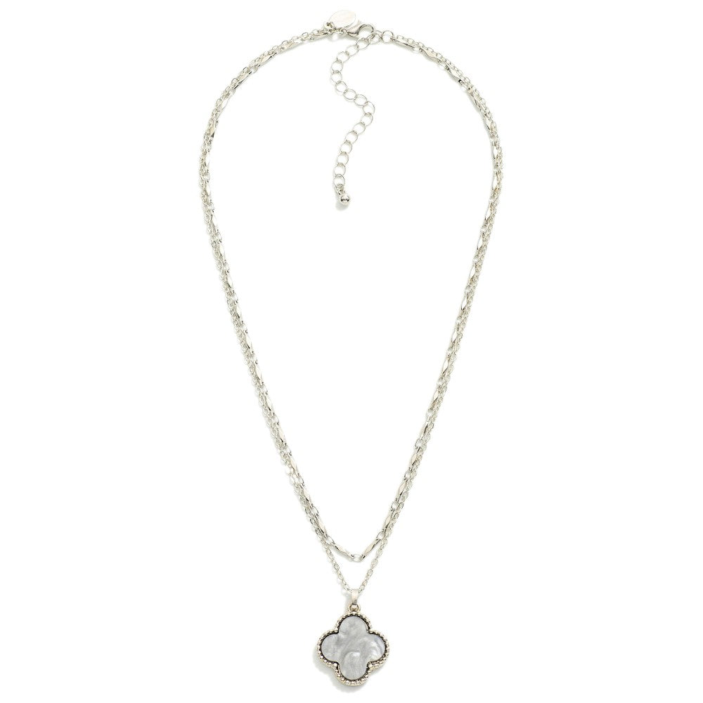 Silver/White/Black Clover Station Layered Chain Link Necklace