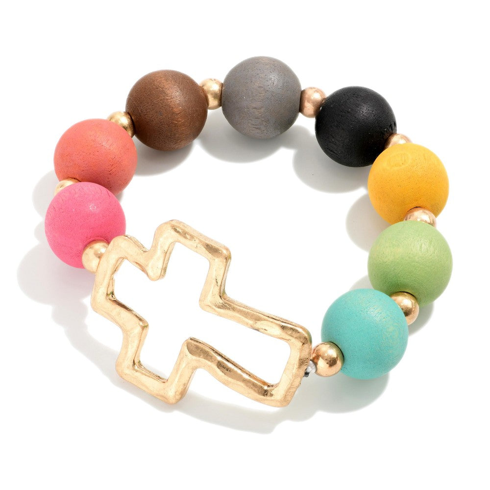 Black/White/Multi/Teal Hammered Cross Stretch Wood Beaded Bracelet
