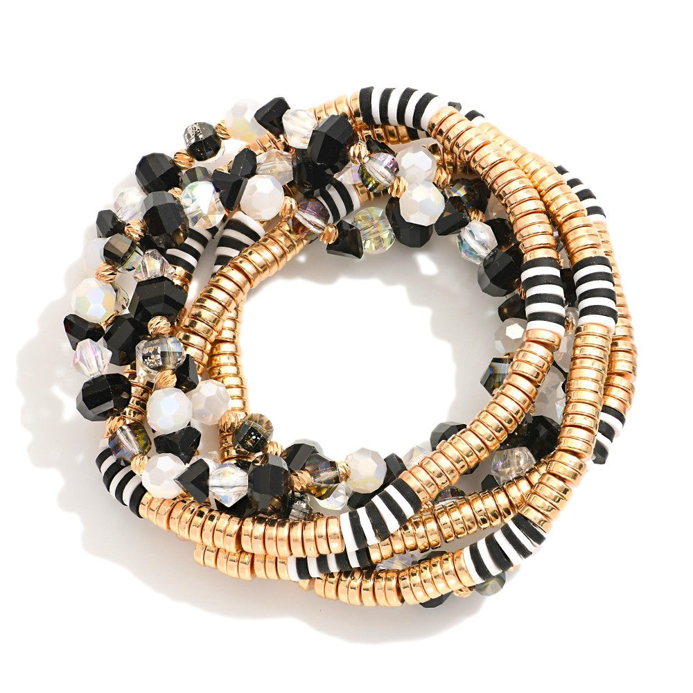 Black & White Gold Metal Tones, Disc & Faceted Beaded Bracelet