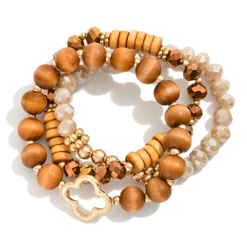 Brown/Black Wood, Faceted Beaded Clover Bracelet