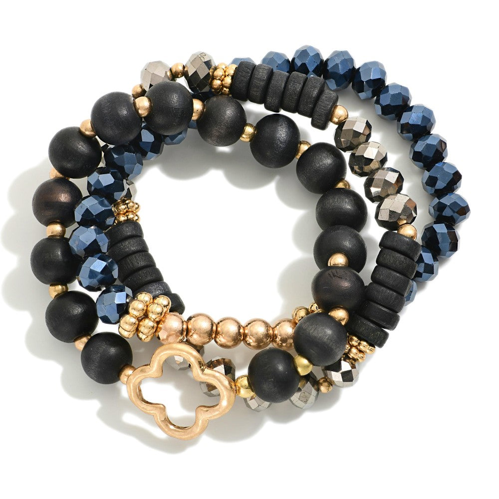 Brown/Black Wood, Faceted Beaded Clover Bracelet