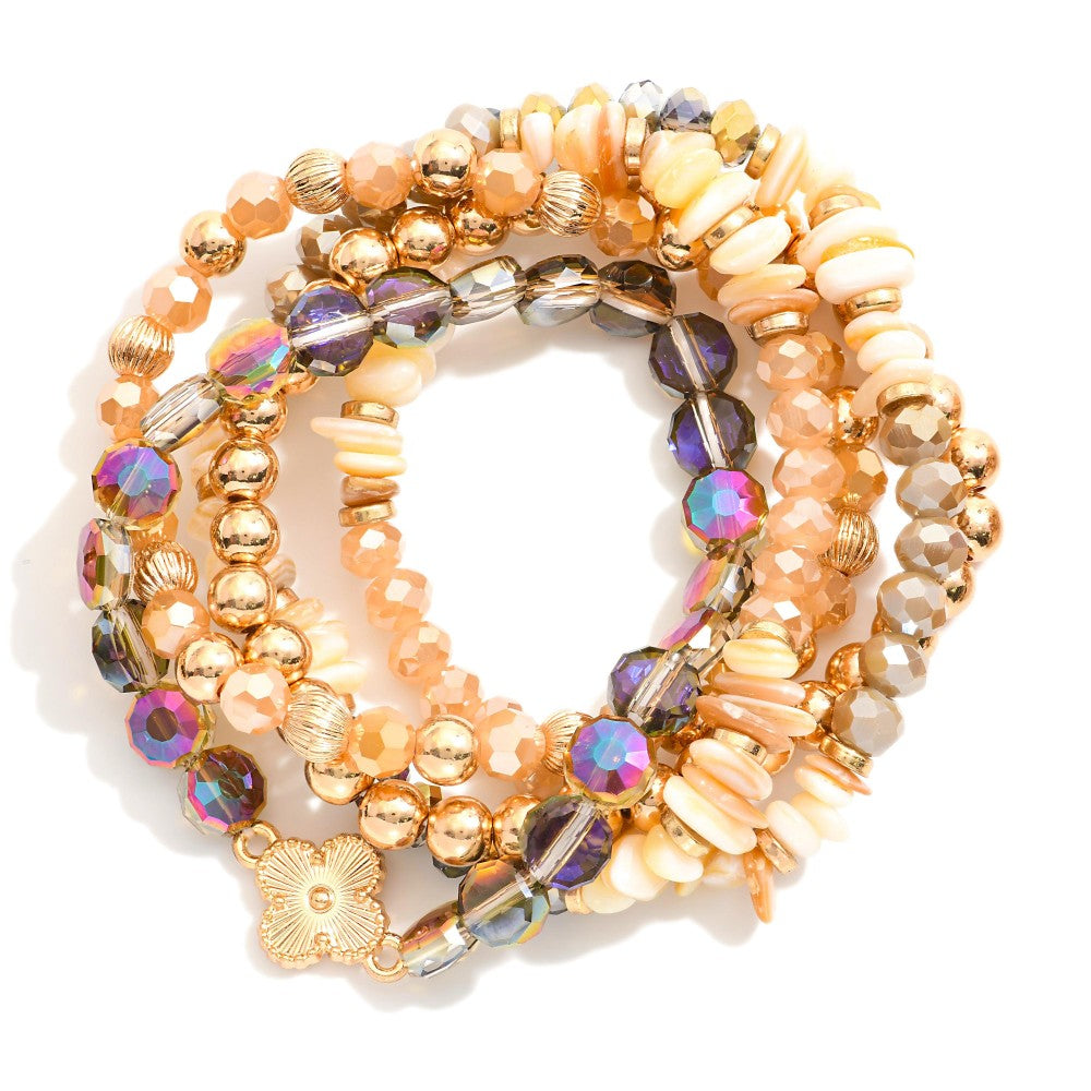 Gold Mix/Gray Mix Metal Tones, Glass Crystal, & Shell Beaded Bracelet
