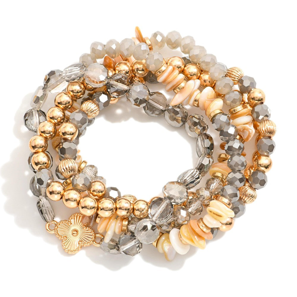 Gold Mix/Gray Mix Metal Tones, Glass Crystal, & Shell Beaded Bracelet