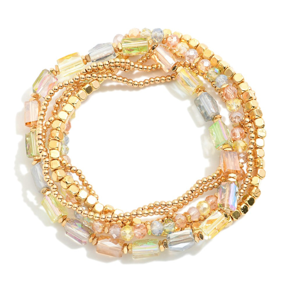 Pastel Mix Gold Tones, Faceted Beads, & Glass Crystal Beaded Bracelet