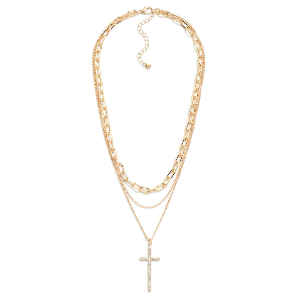 Gold/Silver Rhinestone Studded Cross Pendant Layered Chain Link Necklace