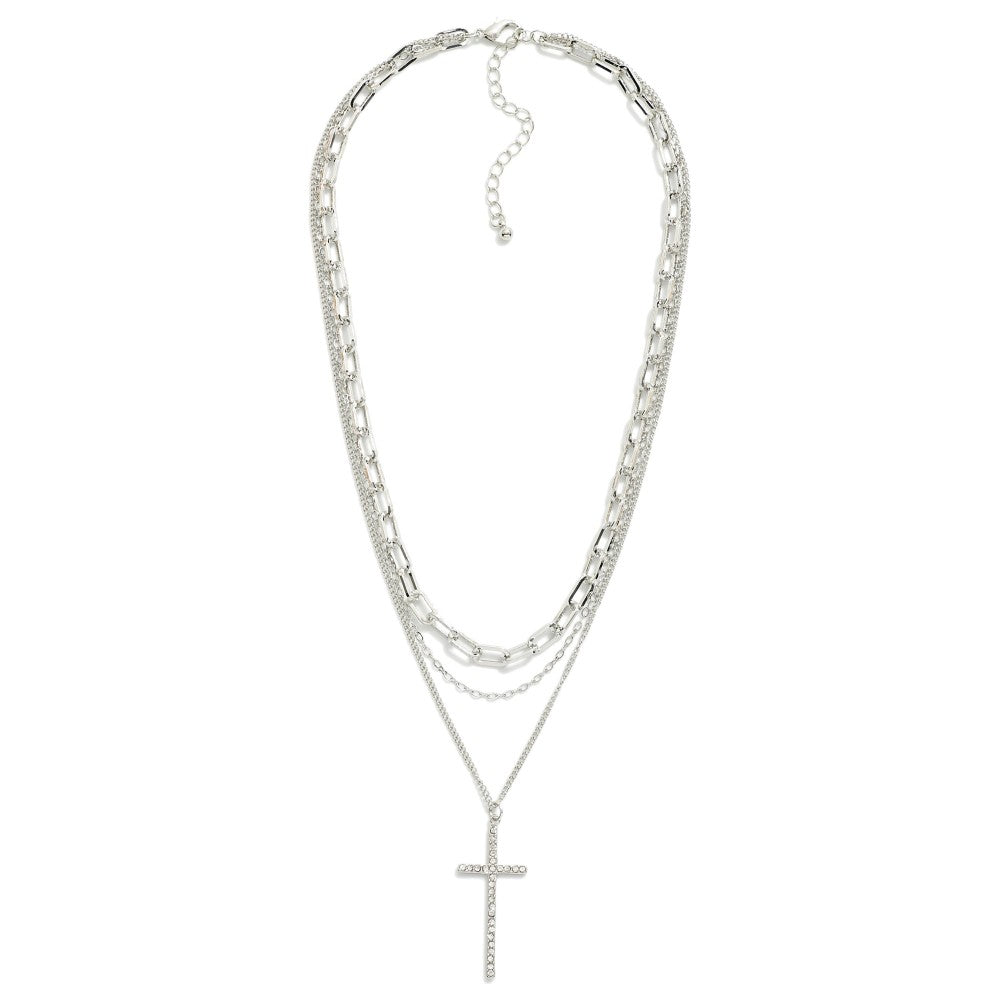 Gold/Silver Rhinestone Studded Cross Pendant Layered Chain Link Necklace