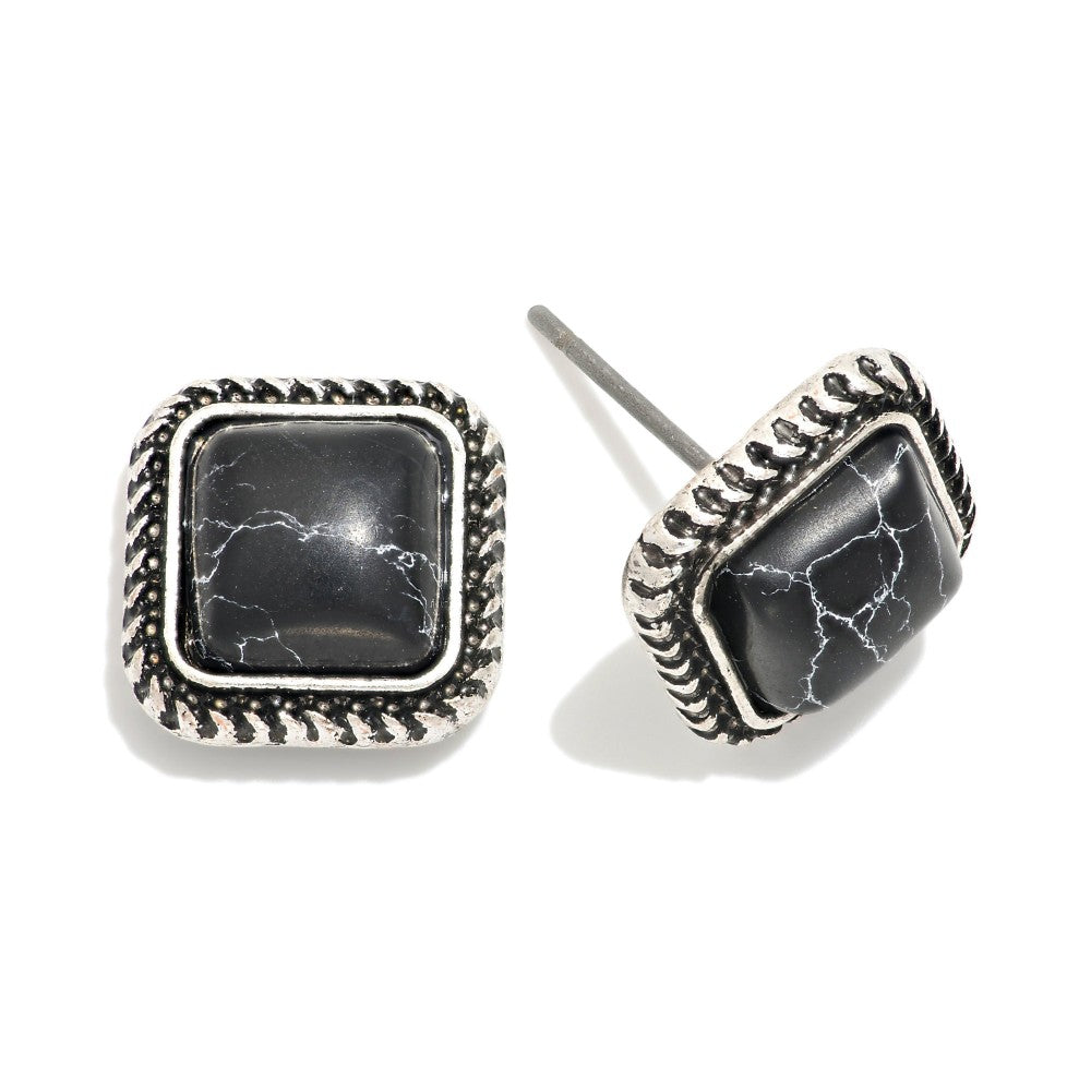 Cowboy Dreams Black/Turquoise Square Stone Stud Earrings With Textured Metal Border