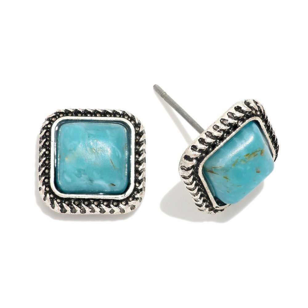 Cowboy Dreams Black/Turquoise Square Stone Stud Earrings With Textured Metal Border