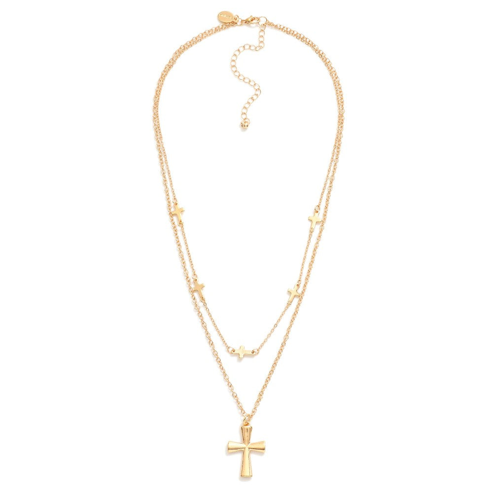 Gold Metal Tone Cross Stations & Cross Pendant Layered Chain Link Necklace