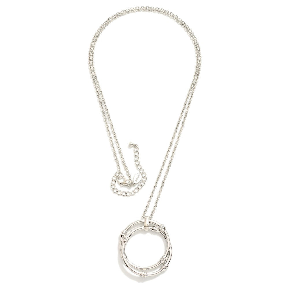 Silver Metal Tone Double Bamboo Hoop Pendant Long Chain Link Necklace
