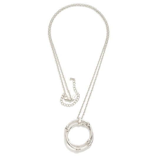 Silver Metal Tone Double Bamboo Hoop Pendant Long Chain Link Necklace