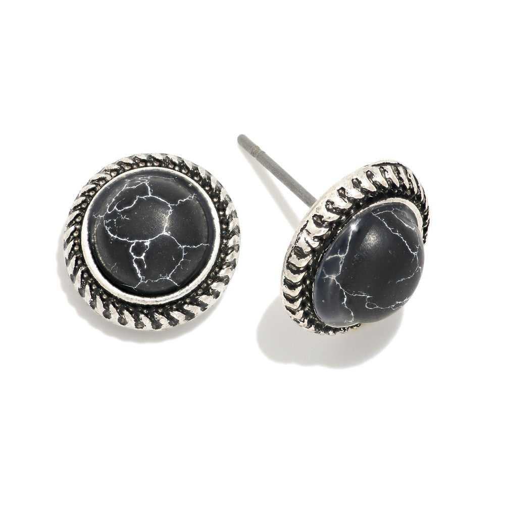 Quitting Time Black/Turquoise Western Textured Metal Border Stone Stud Earrings