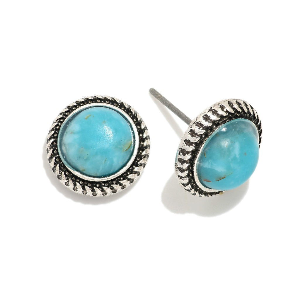 Quitting Time Black/Turquoise Western Textured Metal Border Stone Stud Earrings