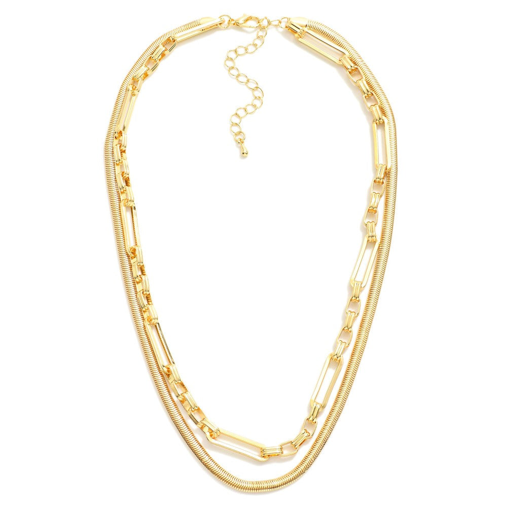 Gold Herringbone Chain Layered Metal Tone Chain Link Necklace