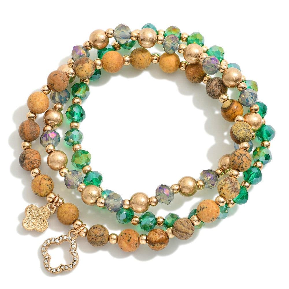 Brown & Green Stone, Faceted Beads, & Clover Charm Beaded Bracelet