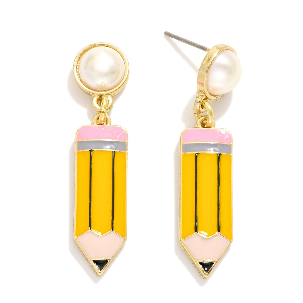 Teacher Enamel Pencil, Pearl Post Earrings