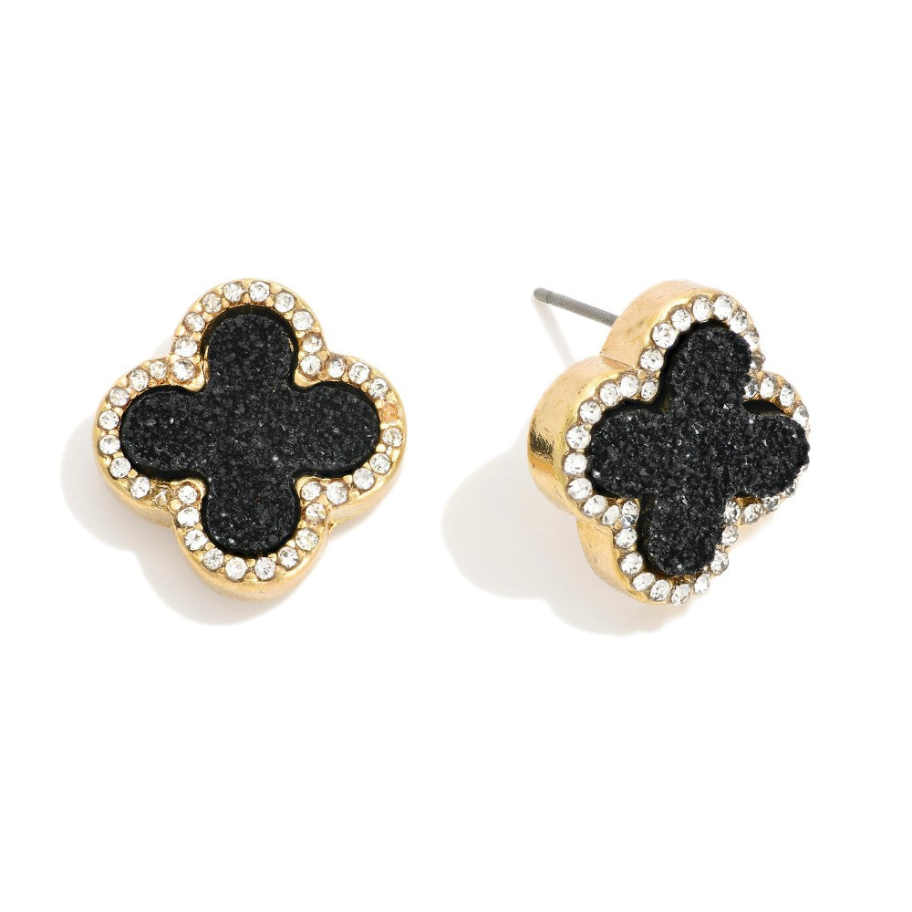 Black/Silver/Rose Gold/Charcoal Gray Rhinestone Border Druzy Clover Earrings
