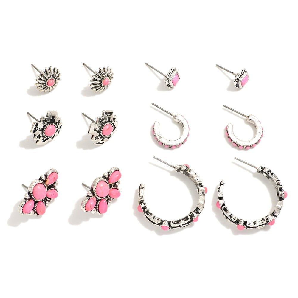 Pink/Turquoise Western Stone Accents Stud & Hoop Earrings