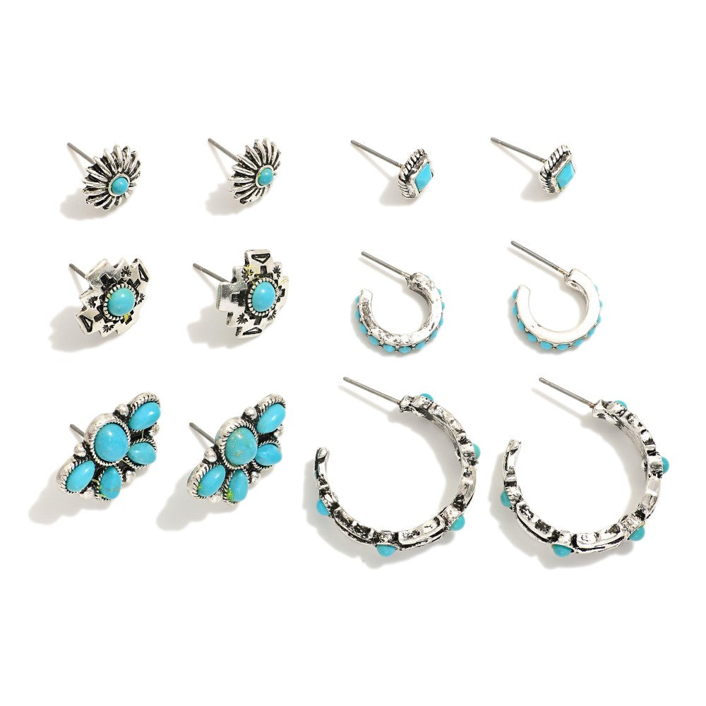 Pink/Turquoise Western Stone Accents Stud & Hoop Earrings