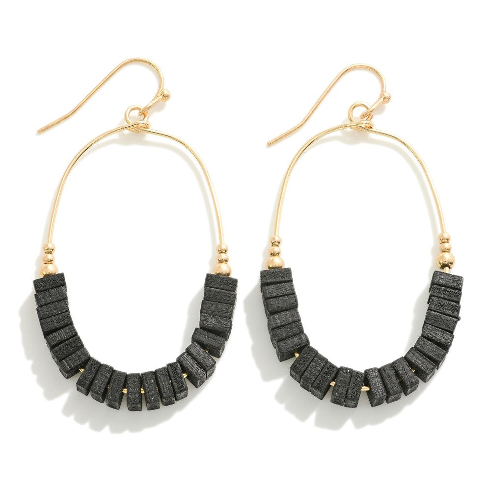 Black/Multi Square Wood Beaded Simple Wire Hoop Drop Earrings