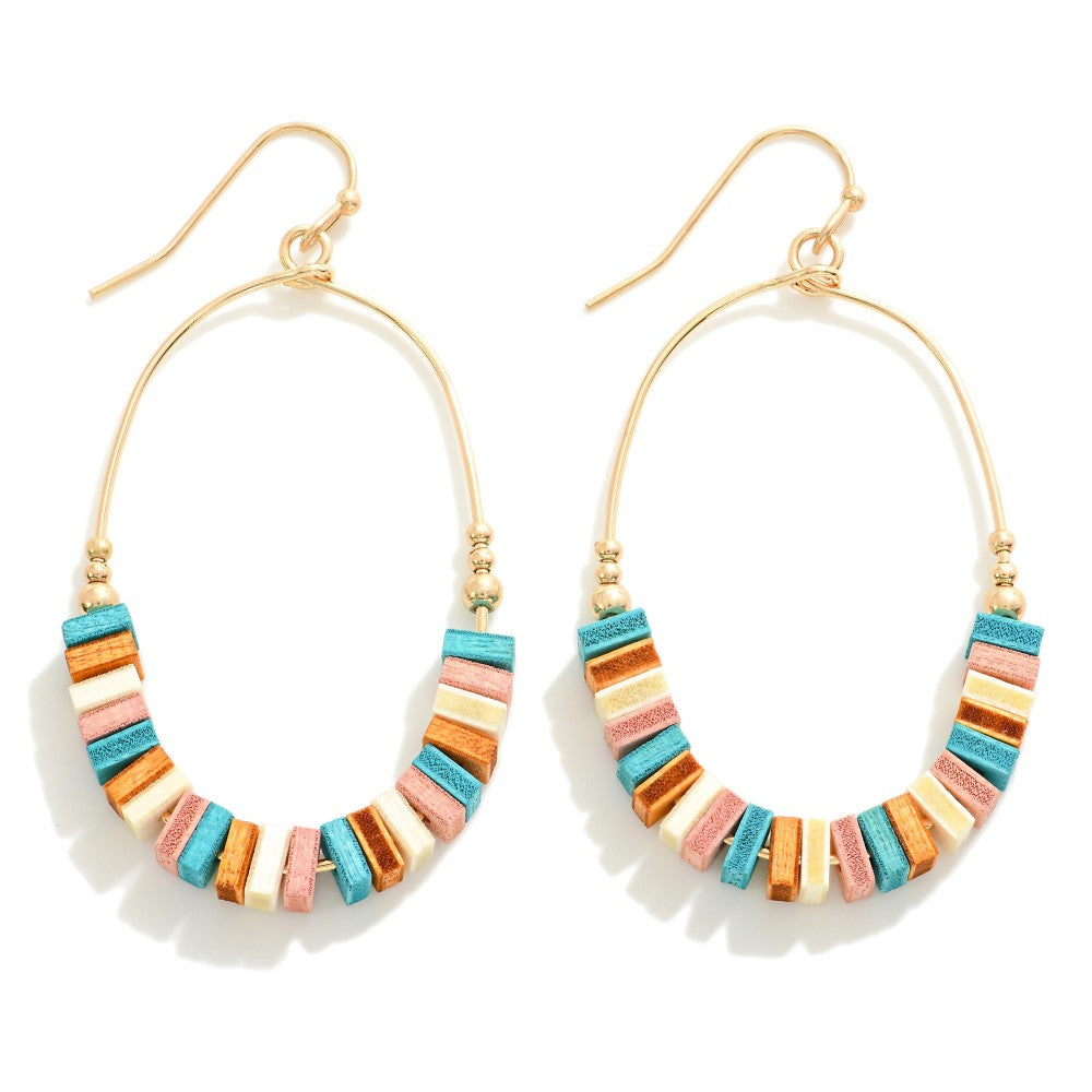 Black/Multi Square Wood Beaded Simple Wire Hoop Drop Earrings