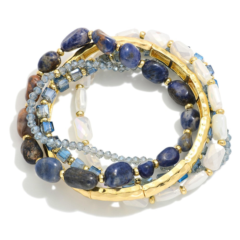 Blue/Natural/Purple Gold Tones, Stones, & Faceted Beaded Stretch Bracelet