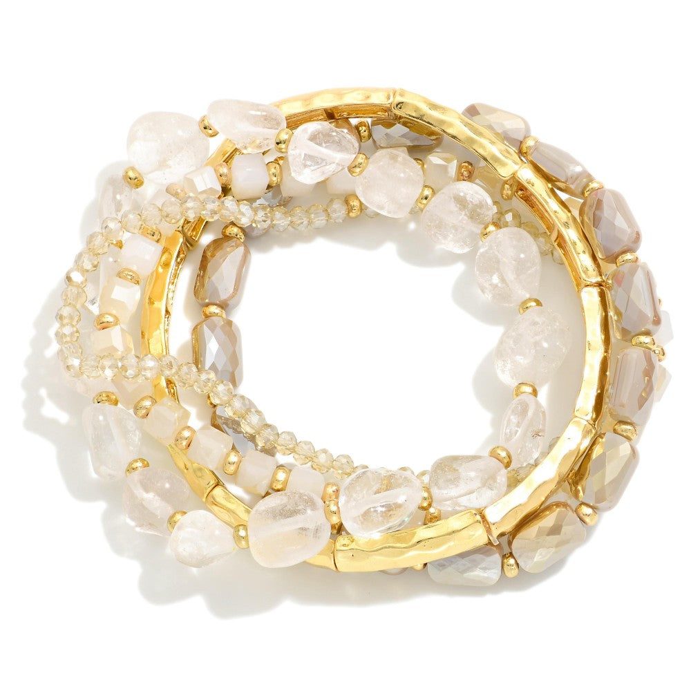 Blue/Natural/Purple Gold Tones, Stones, & Faceted Beaded Stretch Bracelet
