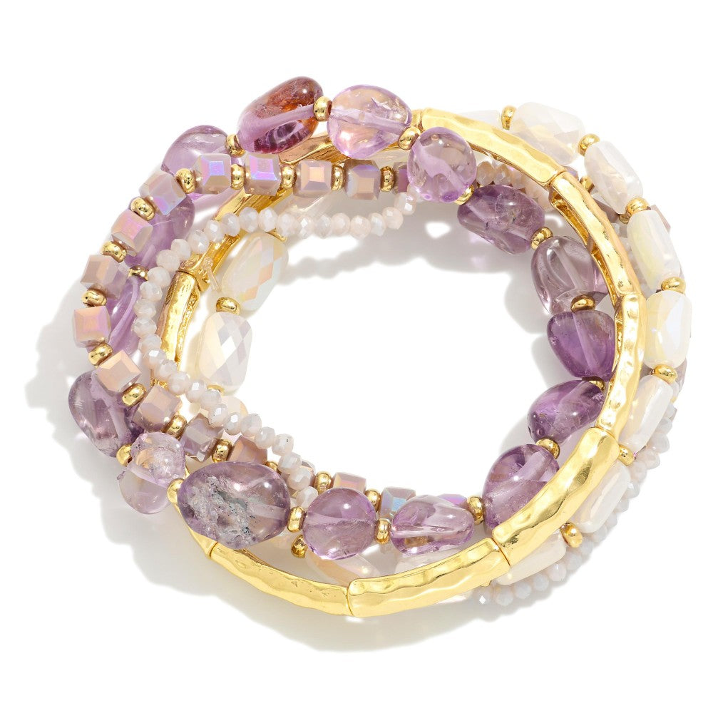 Blue/Natural/Purple Gold Tones, Stones, & Faceted Beaded Stretch Bracelet