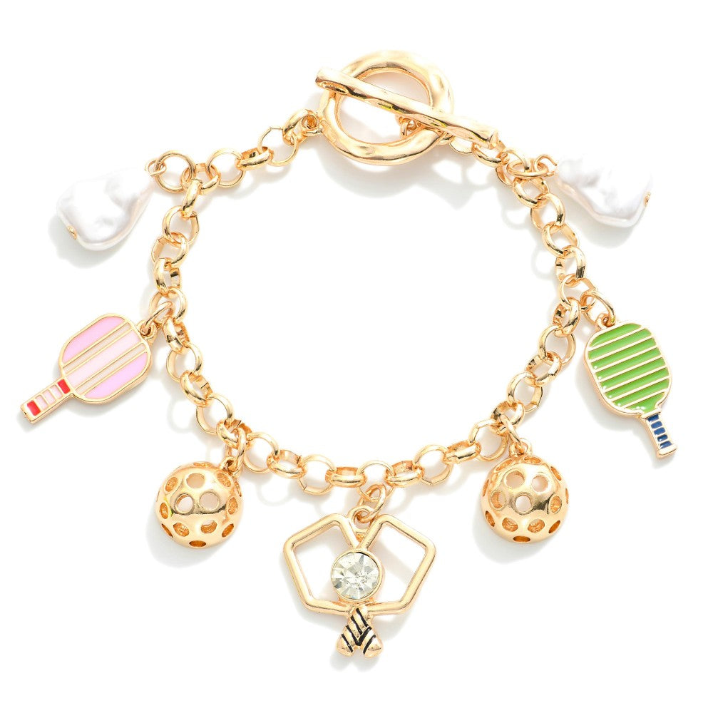 Pickleball Charms and T-Bar Closure Gold Tone Metal Chain Link Bracelet