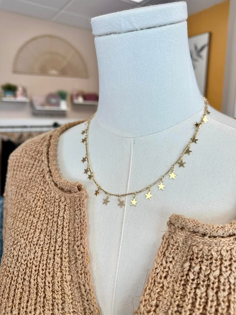 Gold Star Stations Metal Tone Bar Chain Necklace