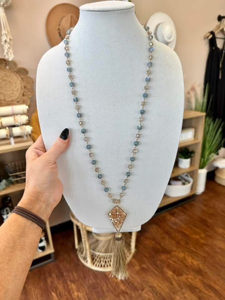 Mocha Brown & Dark Blue Beaded Diamond Pendant Long Necklace